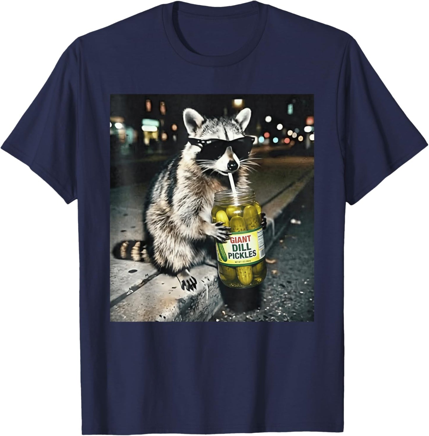 Raccoon Drinking Pickles Funny Urban Animal Sunglasses T-Shirt - T-Shirt | Navy