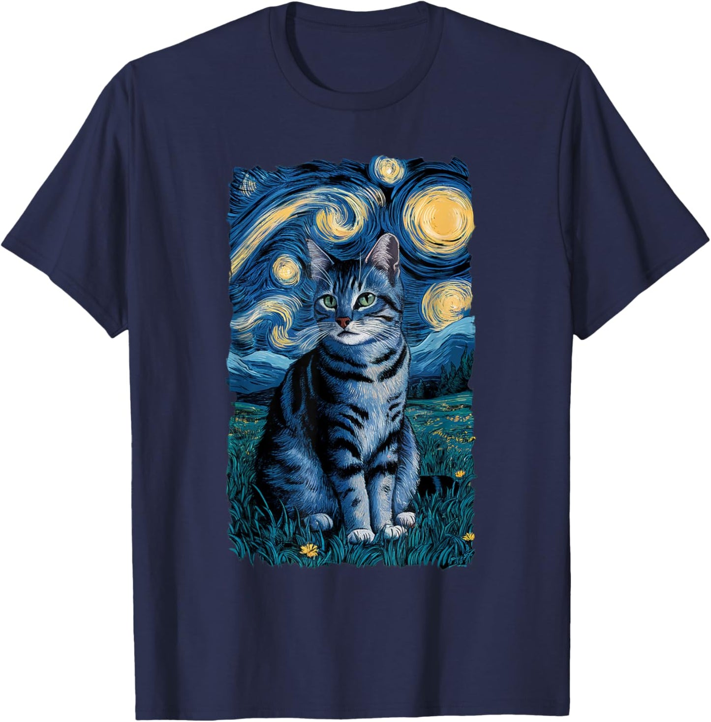 Van Gogh Cat Gifts Tabby Cat Owners Cat Lady Black Men Cat T-Shirt - T-Shirt | Navy