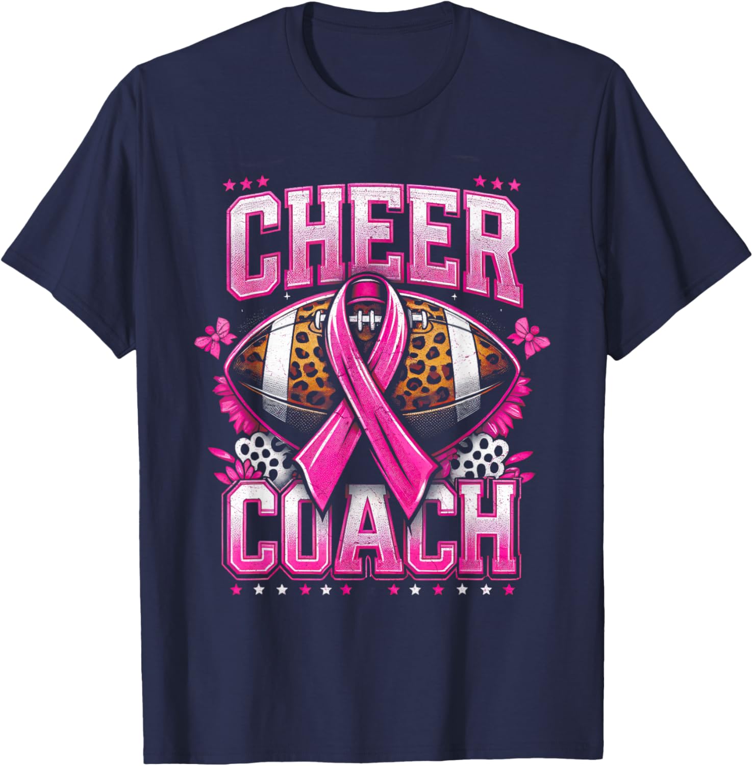 Football Cheer Coach Pink Ribbon Breast Cancer Awareness T-Shirt - T-Shirt | Navy