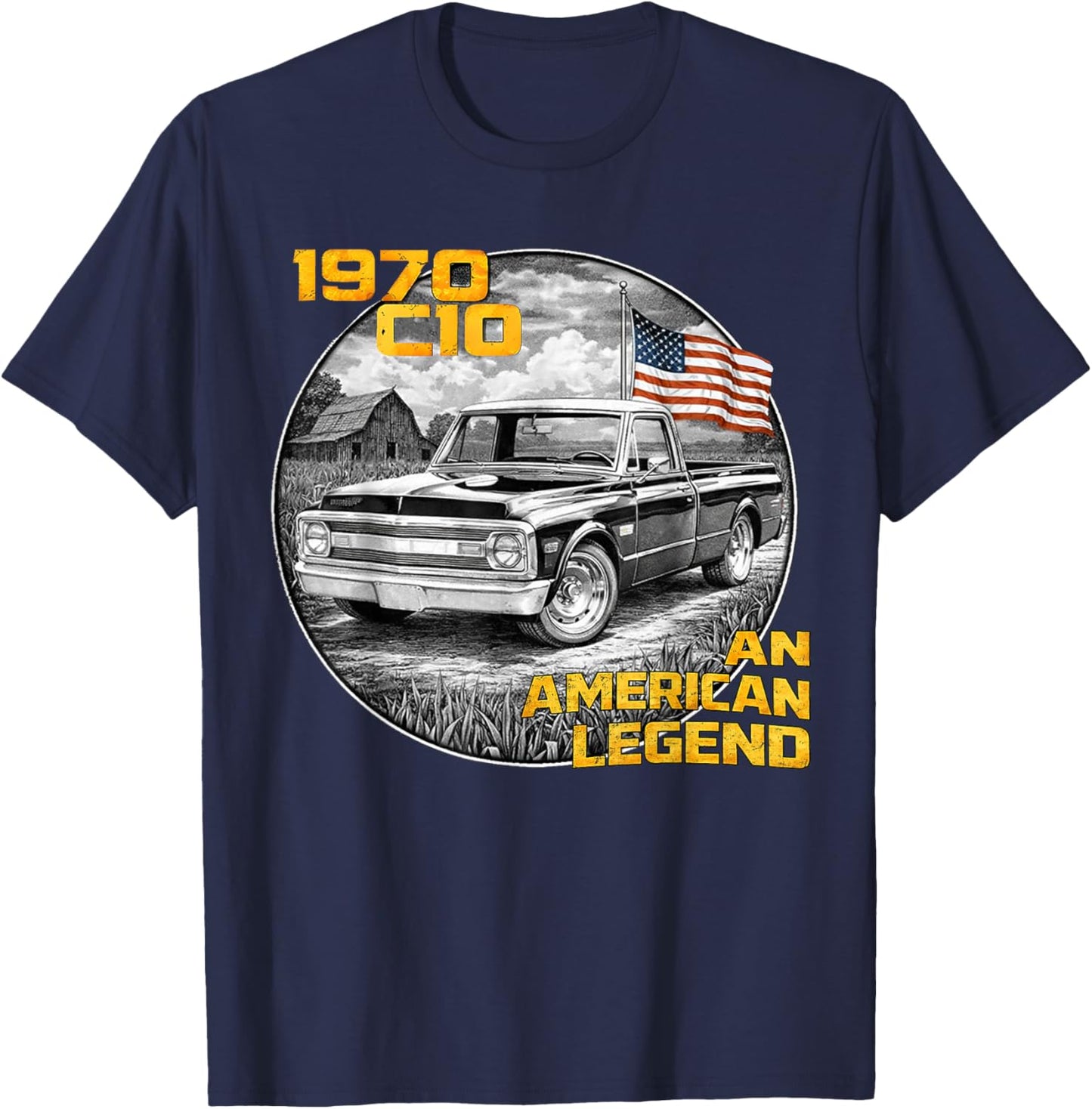 Vintage American Flag 1970 C10 70 Truck Silhouette Classic T-Shirt - T-Shirt | Navy