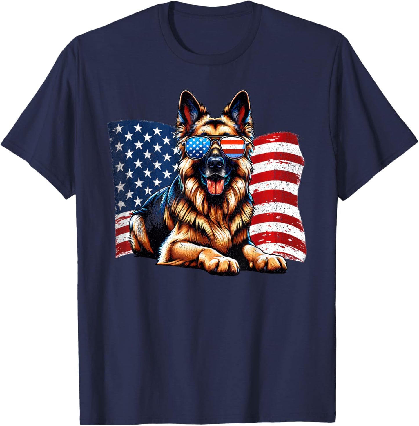 Vintage German Shepherd Dogs Lovers American Flag Pets Lover T-Shirt - T-Shirt | Navy