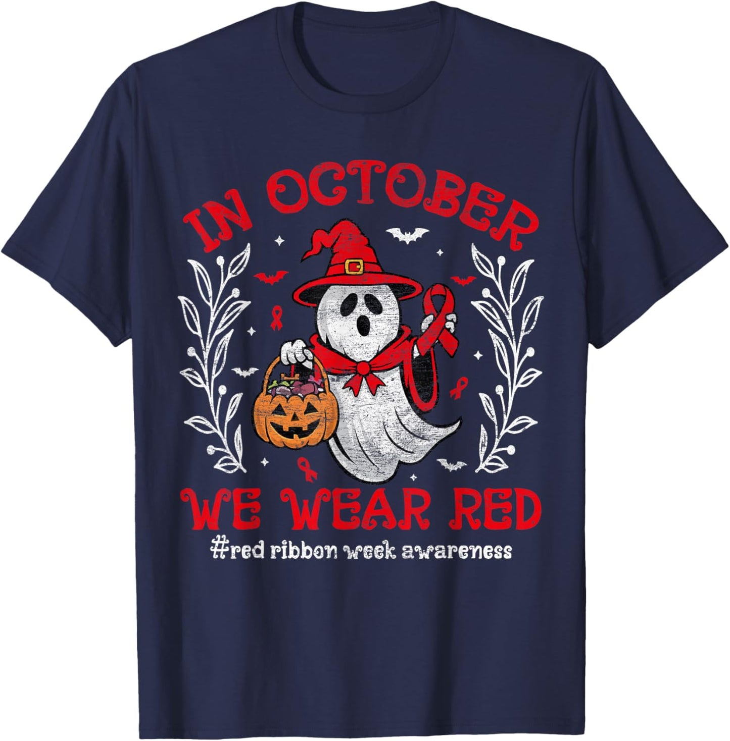 In October We Wear Red For Red Ribbon Week Awareness Ghost T-Shirt - T-Shirt | Navy