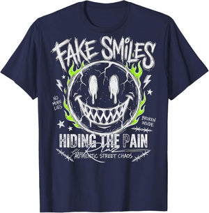 Backprint Streetwear Fashion Women's Men's Retro Smile T-Shirt - T-Shirt | Navy