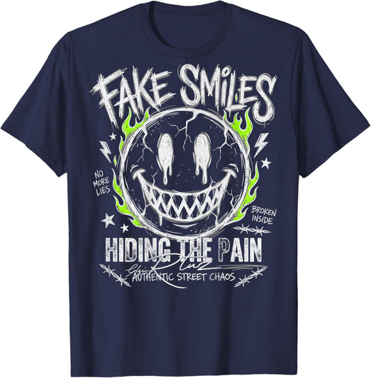 Backprint Streetwear Fashion Women's Men's Retro Smile T-Shirt - T-Shirt | Navy