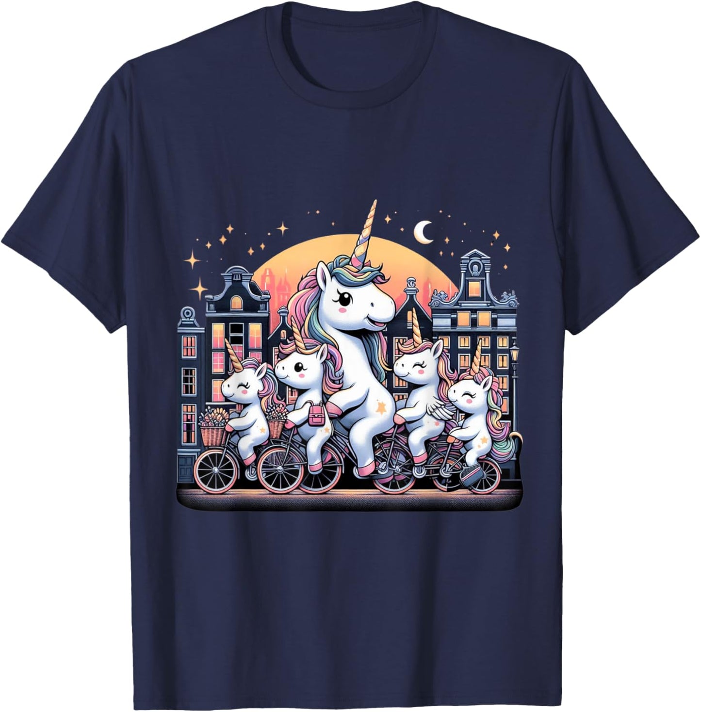 Unicorn Bicycle Amsterdam Netherlands Boys Girls Women Kids T-Shirt - T-Shirt | Navy