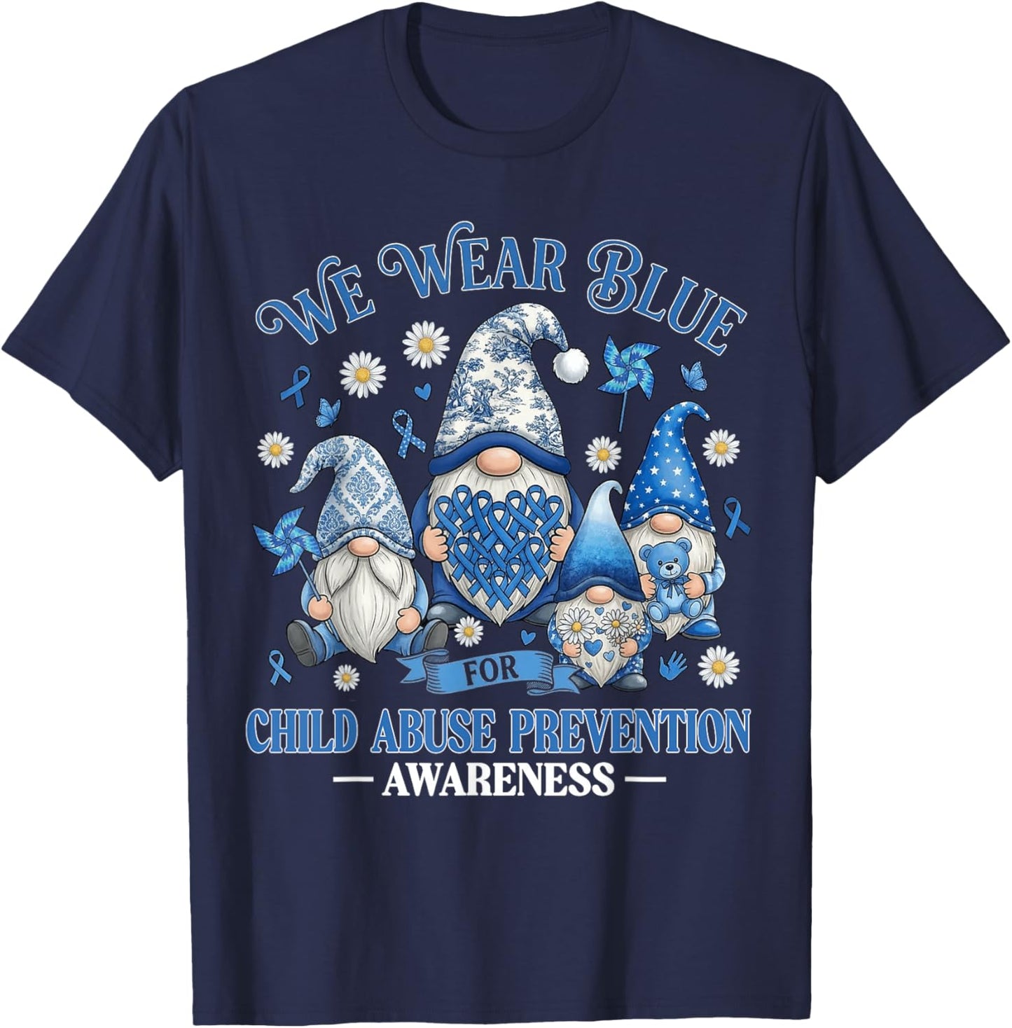 We Wear Blue Ribbon Child Abuse Prevention Awareness Gnomes T-Shirt - T-Shirt | Navy