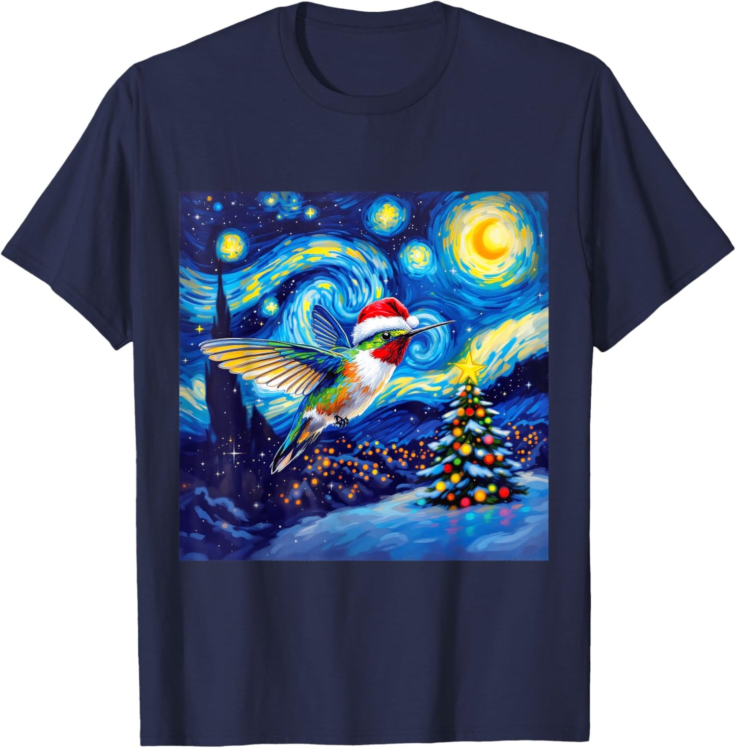 Christmas Hummingbird Santa Hat Van Gogh Starry Night T-Shirt - T-Shirt | Navy