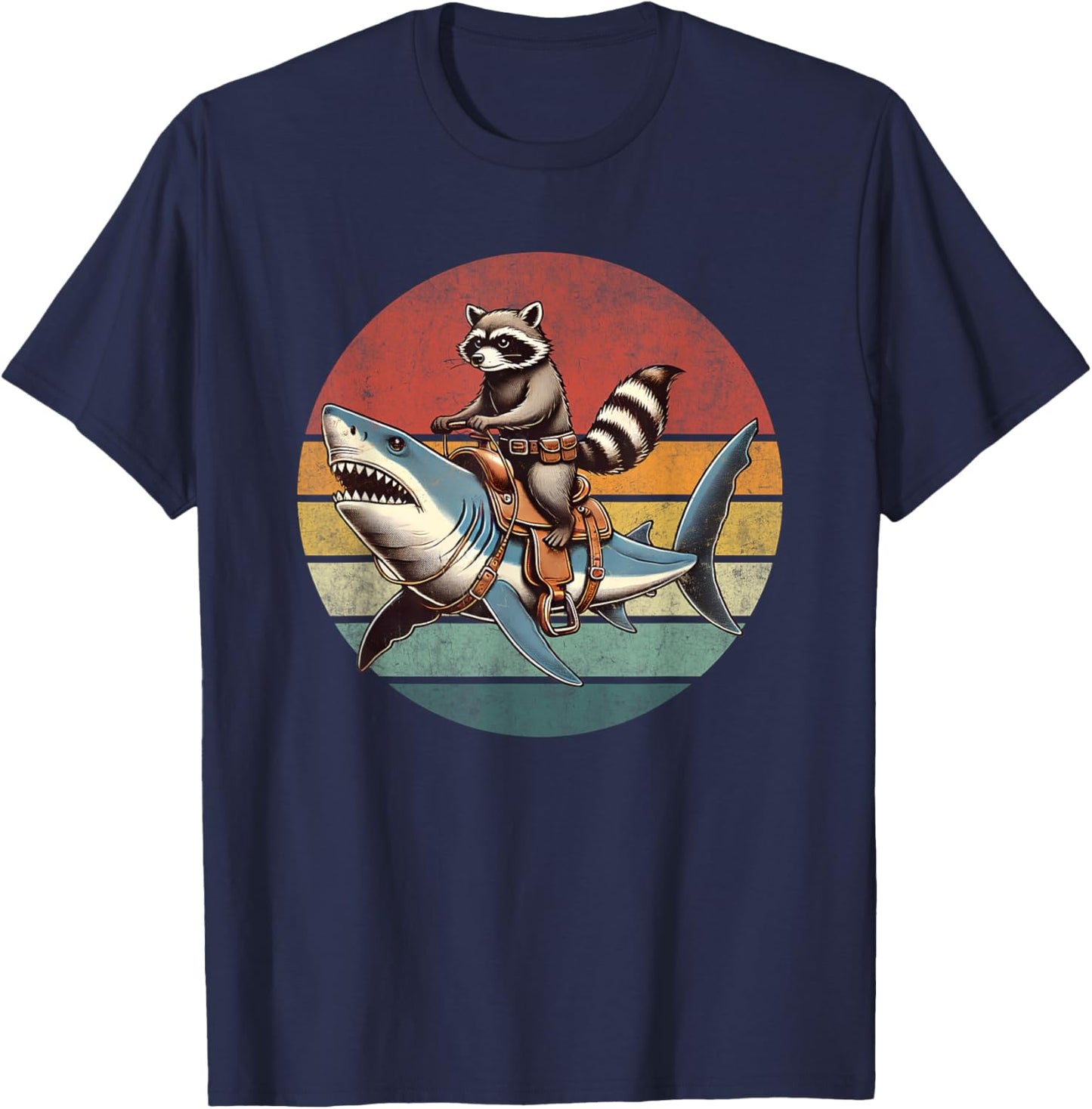Vintage Raccoon Shark Rider Funny Retro Raccoon Riding Shark T-Shirt - T-Shirt | Navy