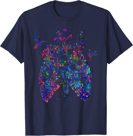 Color Hummingbird Floral Lung Anatomy Pulmonologist RT Nurse T-Shirt - T-Shirt | Navy