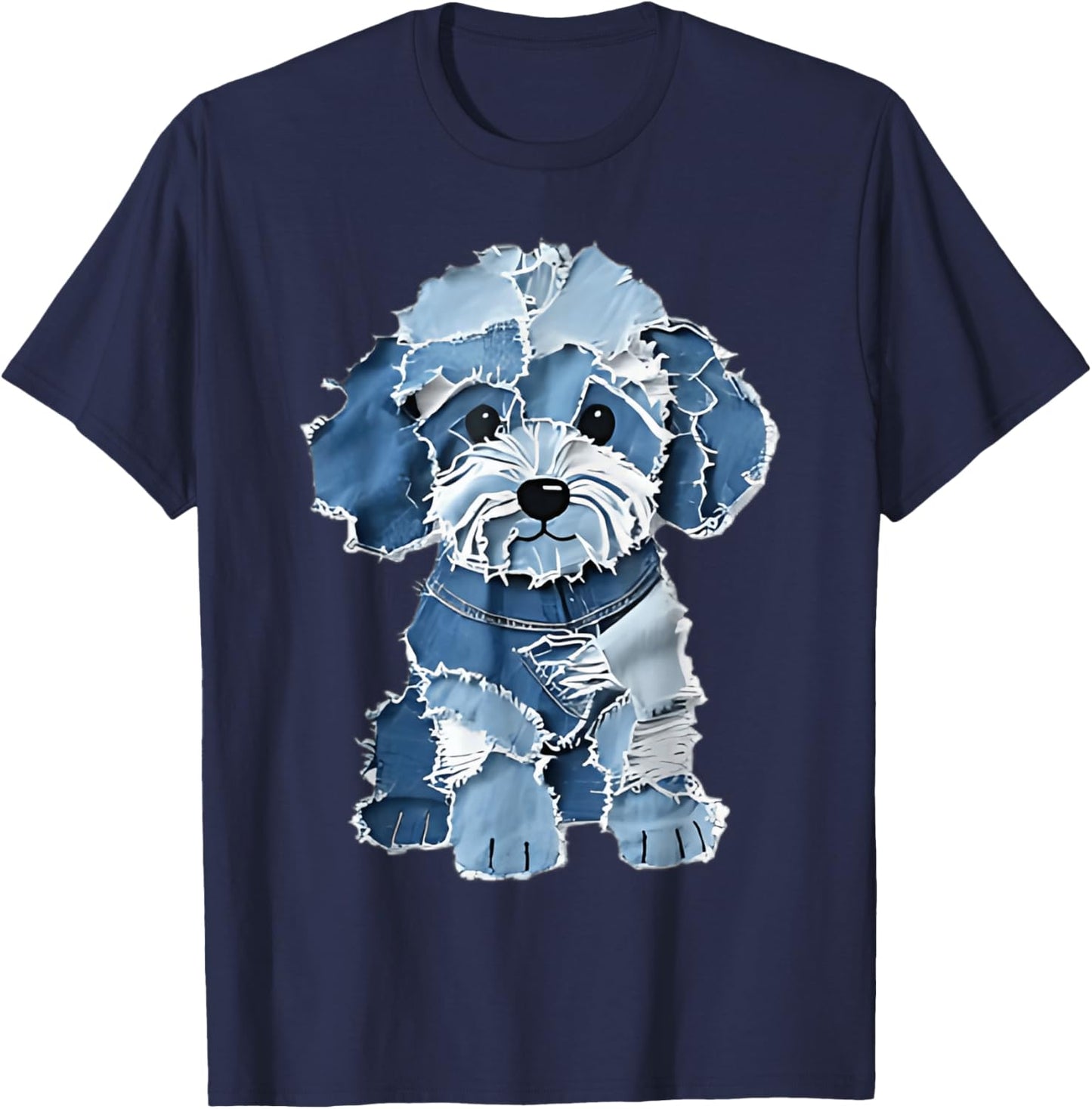 Cute Denim Patchwork Puppy Dog Art T-Shirt - T-Shirt | Navy