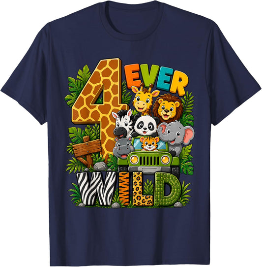 Kids Four Ever Wild 4th Birthday Safari Jungle Animal Party T-Shirt - T-Shirt | Navy