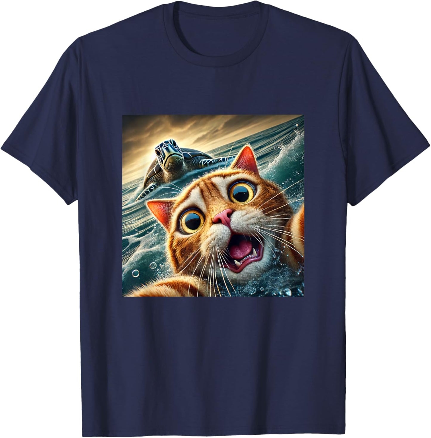 Funny Cat Taking Selfie With Sea Turtle T-Shirt - T-Shirt | Navy