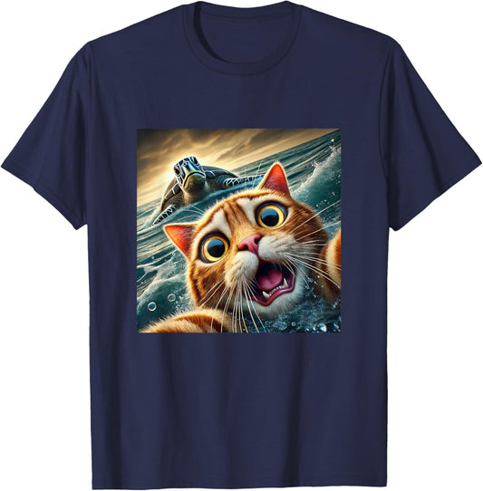 Funny Cat Taking Selfie With Sea Turtle T-Shirt - T-Shirt | Navy