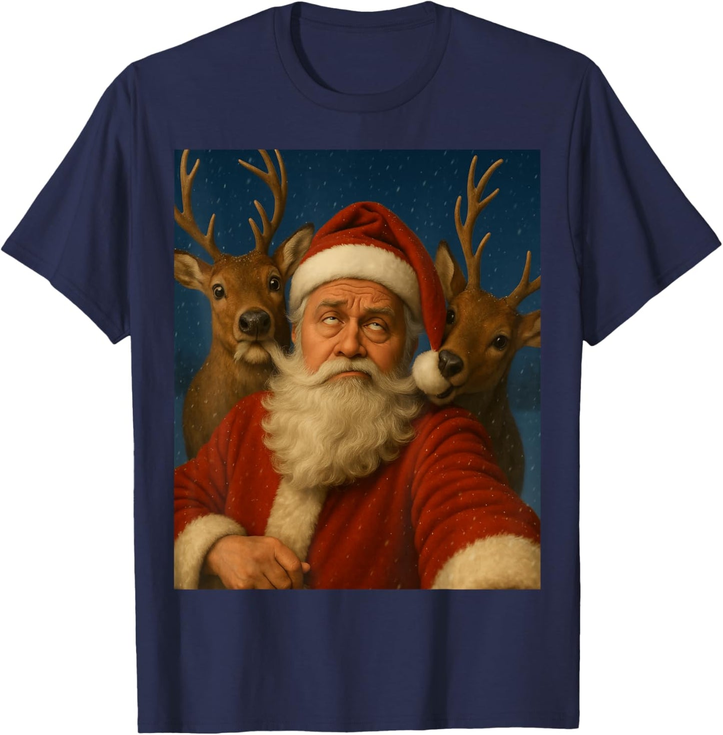 Santa Selfie with Reindeer Men Women Kids Funny Christmas T-Shirt - T-Shirt | Navy