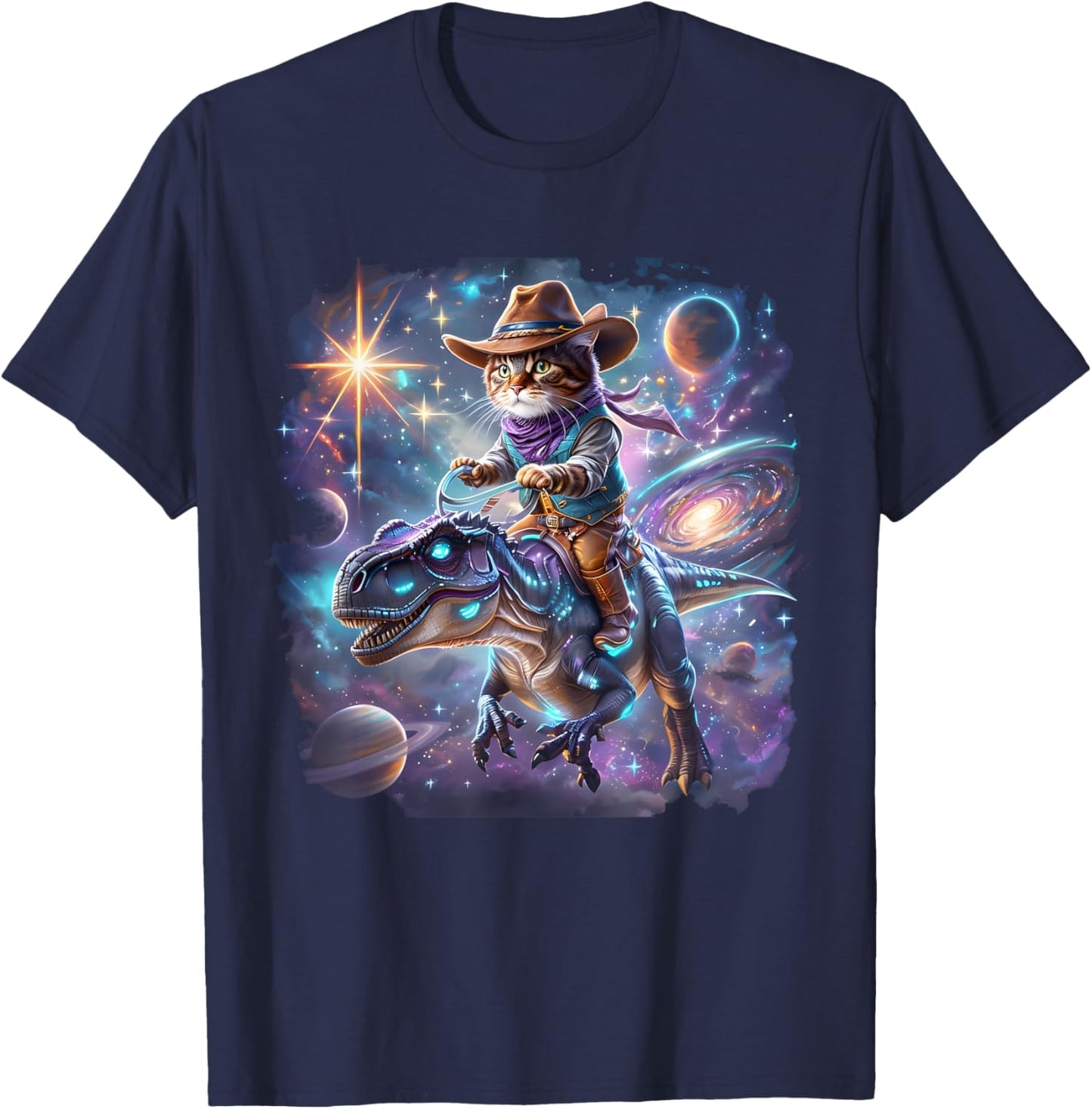 Cat Riding Dinosaur Funny Cat Cowboy Hat Rainbow Galaxy T-Shirt - T-Shirt | Navy