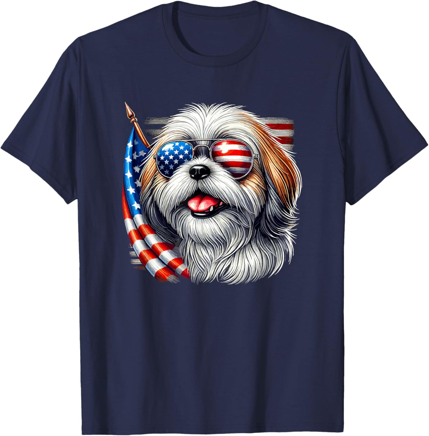 American USA Flag Shih Tzu Shih Tzus 4th Of July Patriotic T-Shirt - T-Shirt | Navy