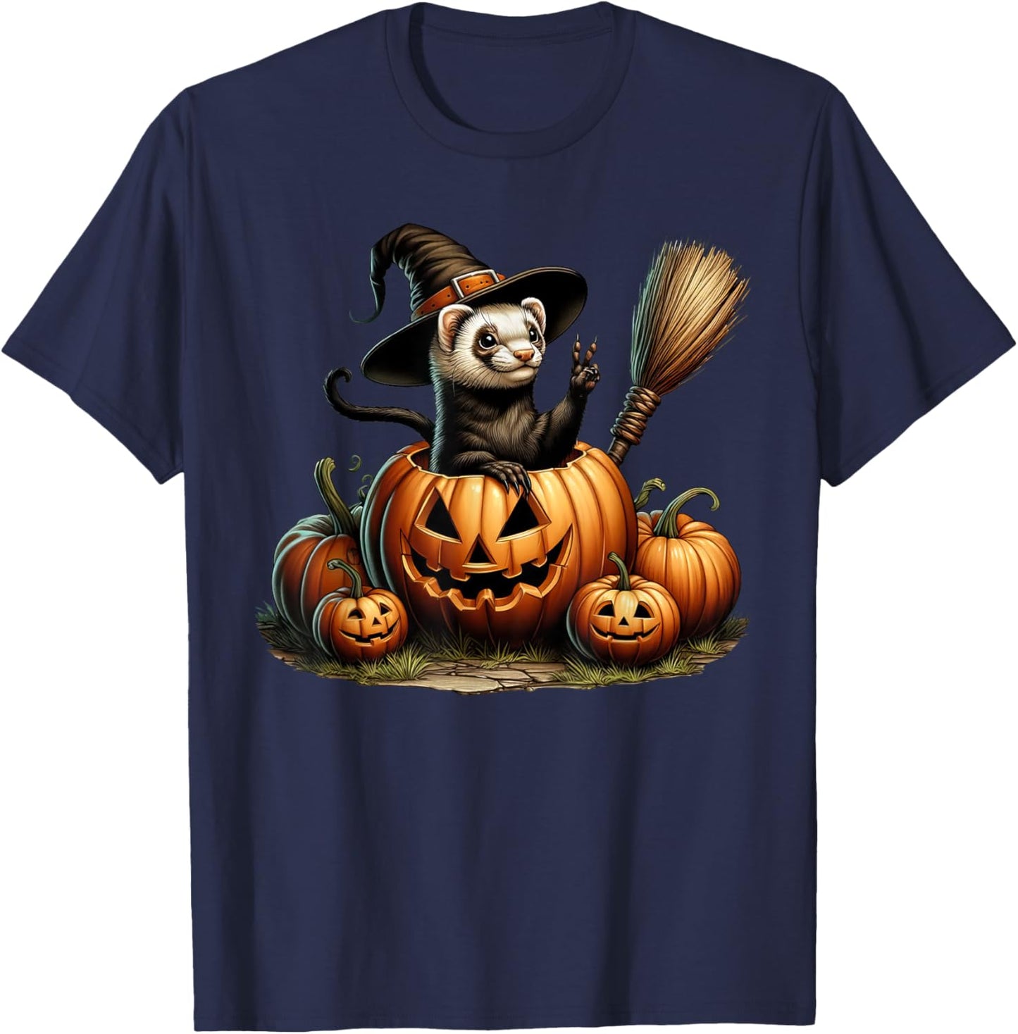 Funny Ferret Witch Pumpkin Halloween Kids T-Shirt - T-Shirt | Navy