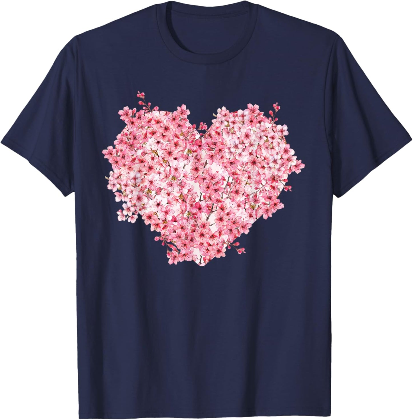 Cool Japanese Sakura Cherry Blossom Floral Heart Graphic T-Shirt - T-Shirt | Navy