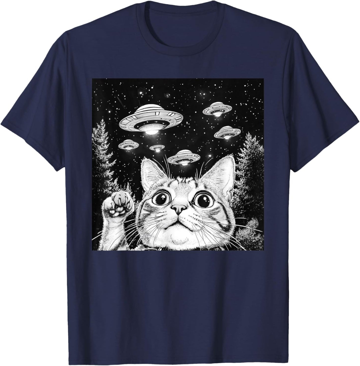 Cat Selfie With Alien UFO Funny Cat T-Shirt - T-Shirt | Navy