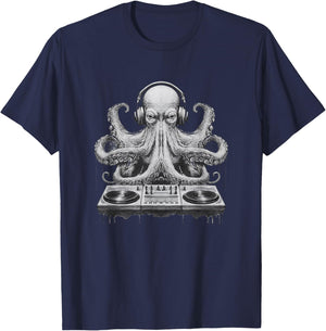 Octopus DJ Partying Kraken Tentacles Rave Festival Party T-Shirt - T-Shirt | Navy