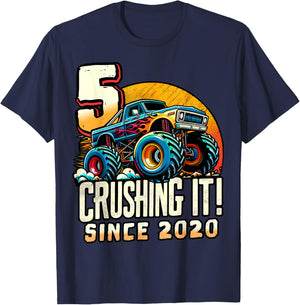 Birthday Monster Truck 5 year Old Boys 5th Party Born 2020 T-Shirt - T-Shirt | Navy