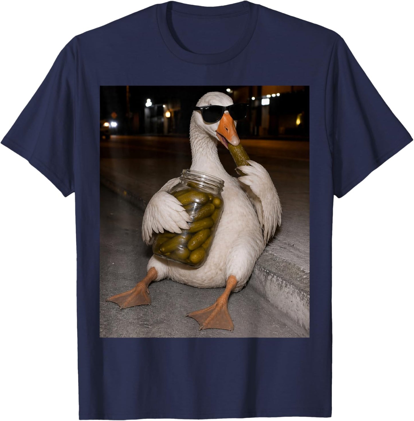 Funny Goose Eating Pickles Meme Men Women T-Shirt - T-Shirt | Navy