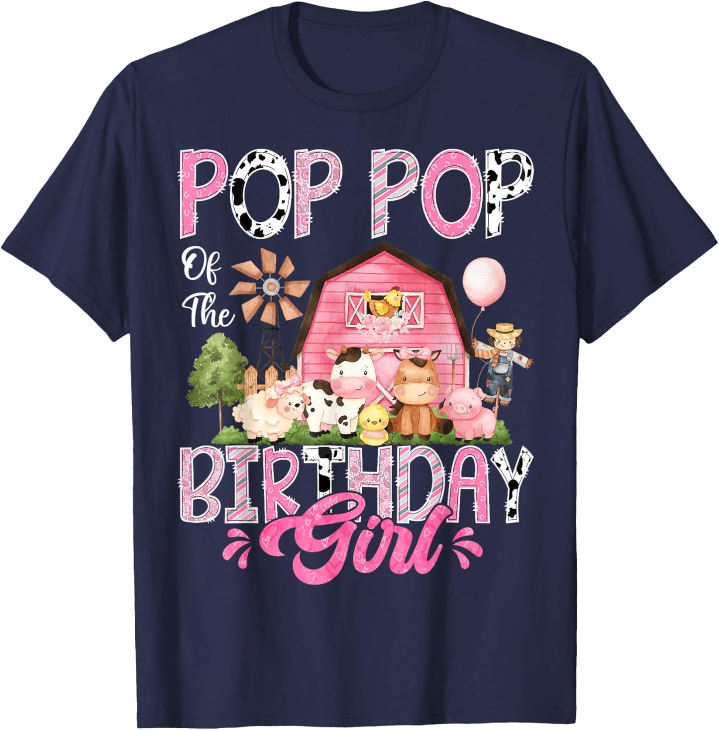 Pop Pop Of The Birthday Girl Pink Farm Cow First Birthday T-Shirt - T-Shirt | Navy