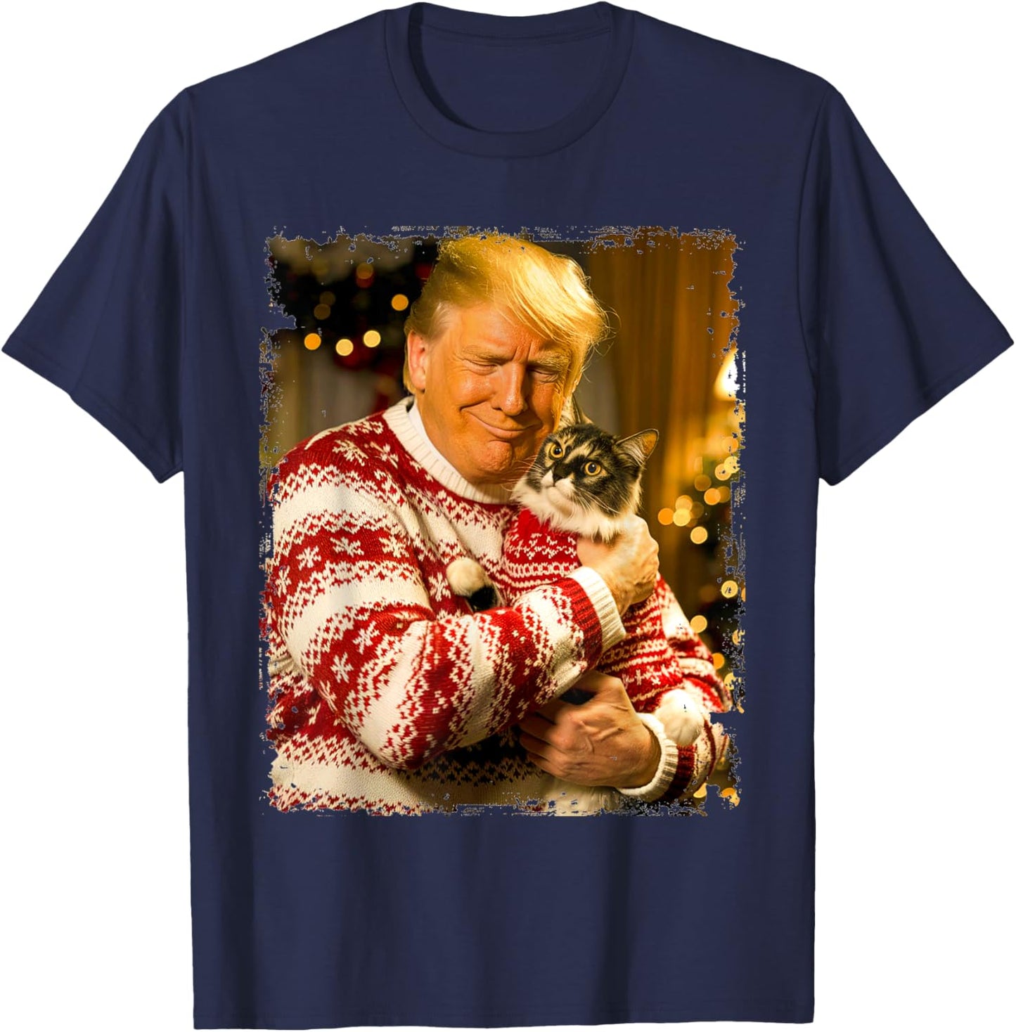 Funny Trump Christmas Sweater for Cat Lovers Xmas Pajamas T-Shirt - T-Shirt | Navy