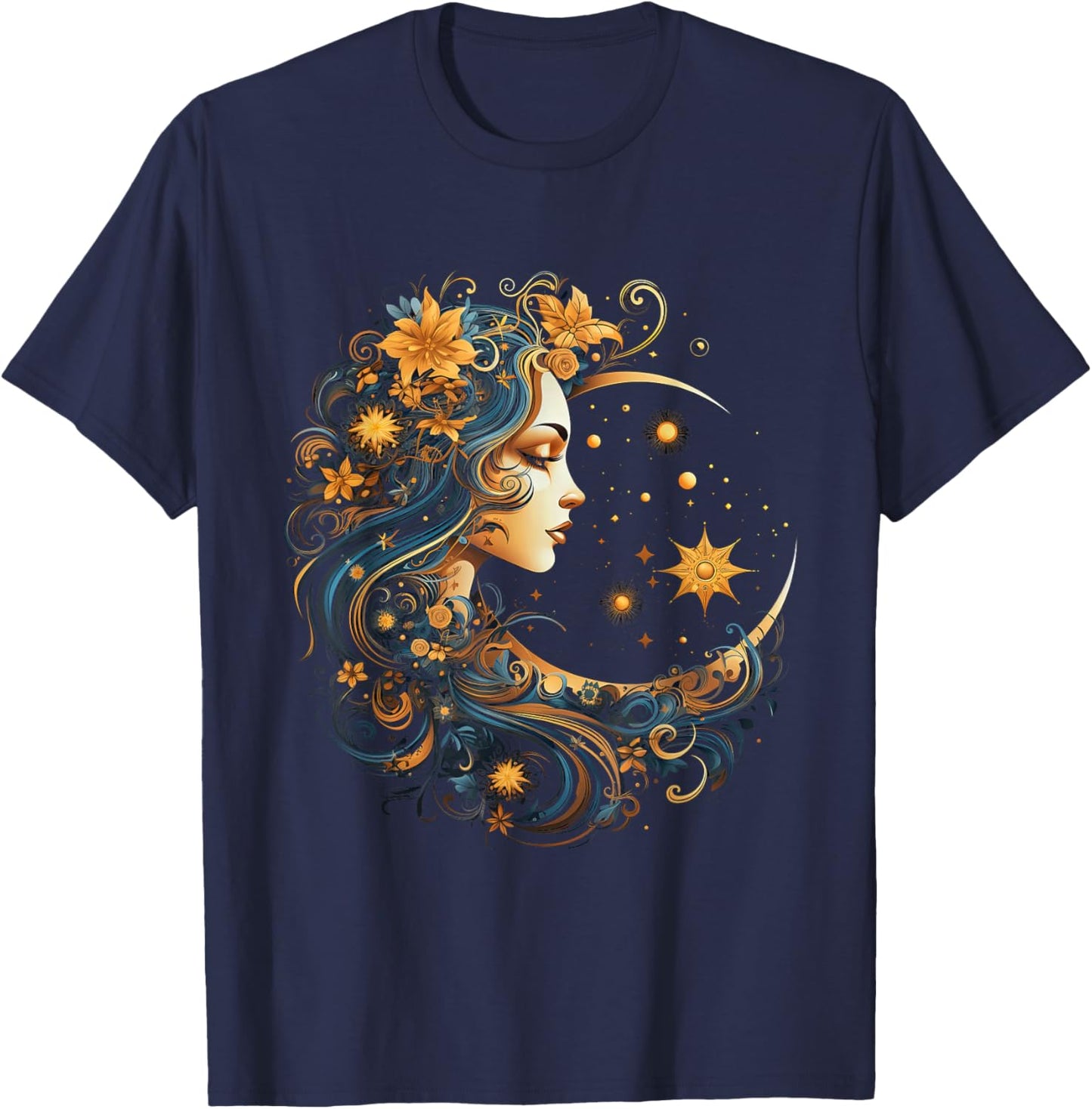 Mystic Sun and Moon Woman Mystical Flowers Aesthetic T-Shirt - T-Shirt | Navy