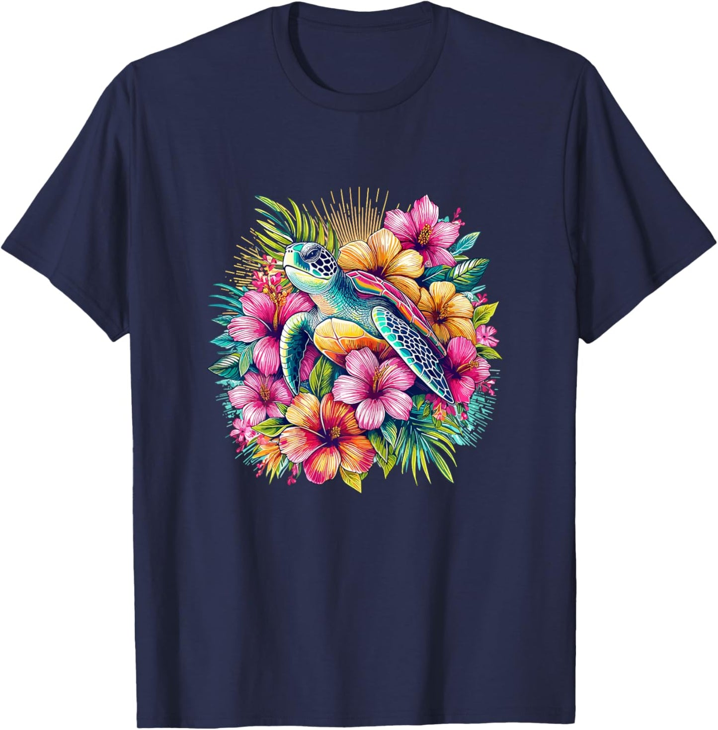 Sea Turtle Hawaiian Flowers Hawaii T-Shirt - T-Shirt | Navy
