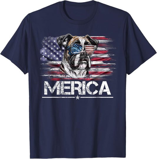 Vintage Boxer Dog, Merica Boxer Dog USA Flag Funny Women Kids Men T-Shirt - T-Shirt | Navy