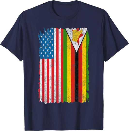 Proud Half American And Zimbabwean Zimbabwe Usa Vintage Flag T-Shirt - T-Shirt | Navy