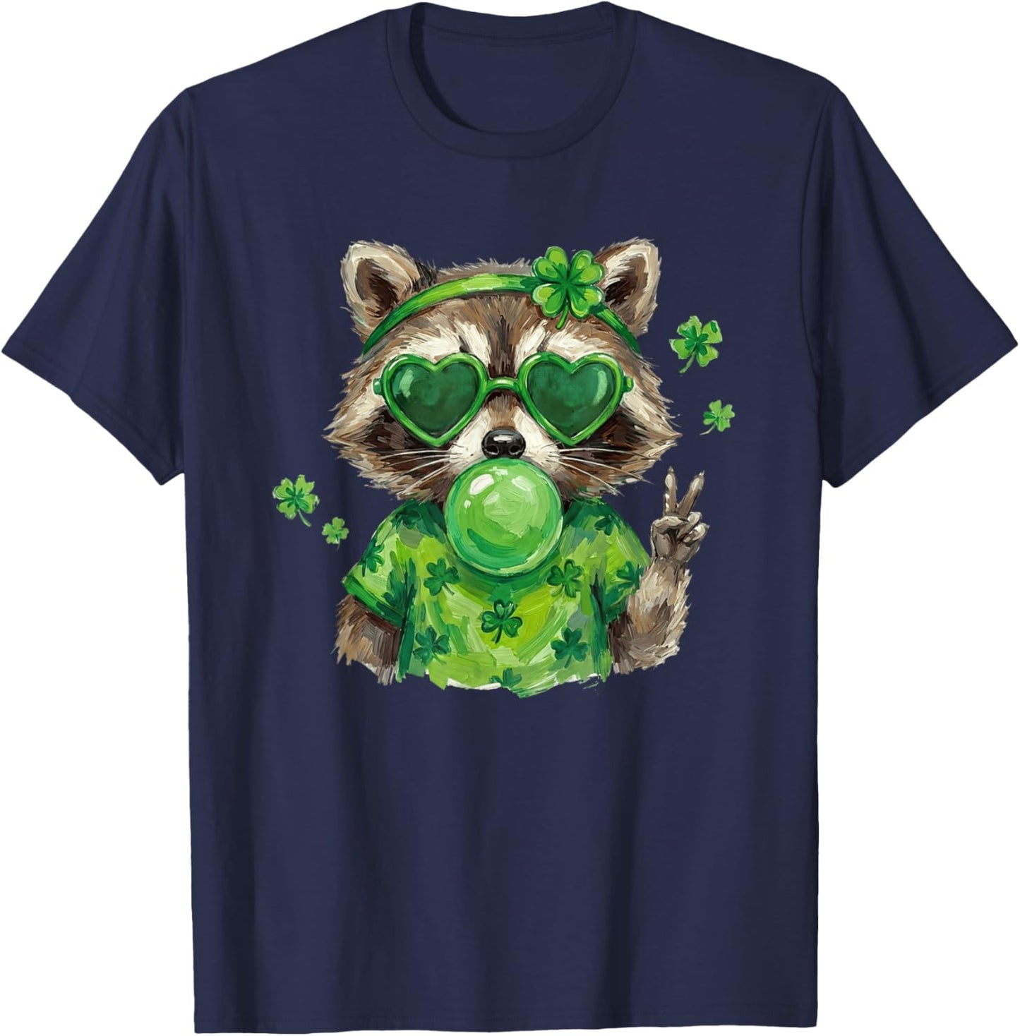 St Patricks Day Raccoon Blowing Bubblegum Shamrock Women Kid T-Shirt - T-Shirt | Navy