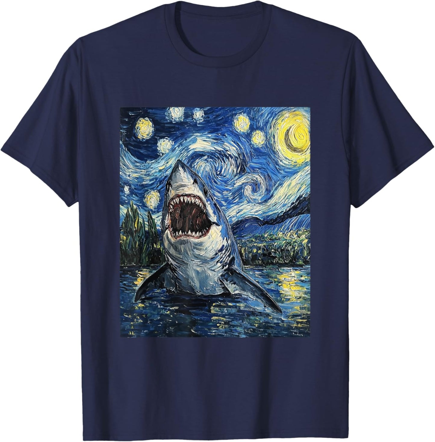 Funny Shark - Van Gogh Style - Starry Night T-Shirt - T-Shirt | Navy