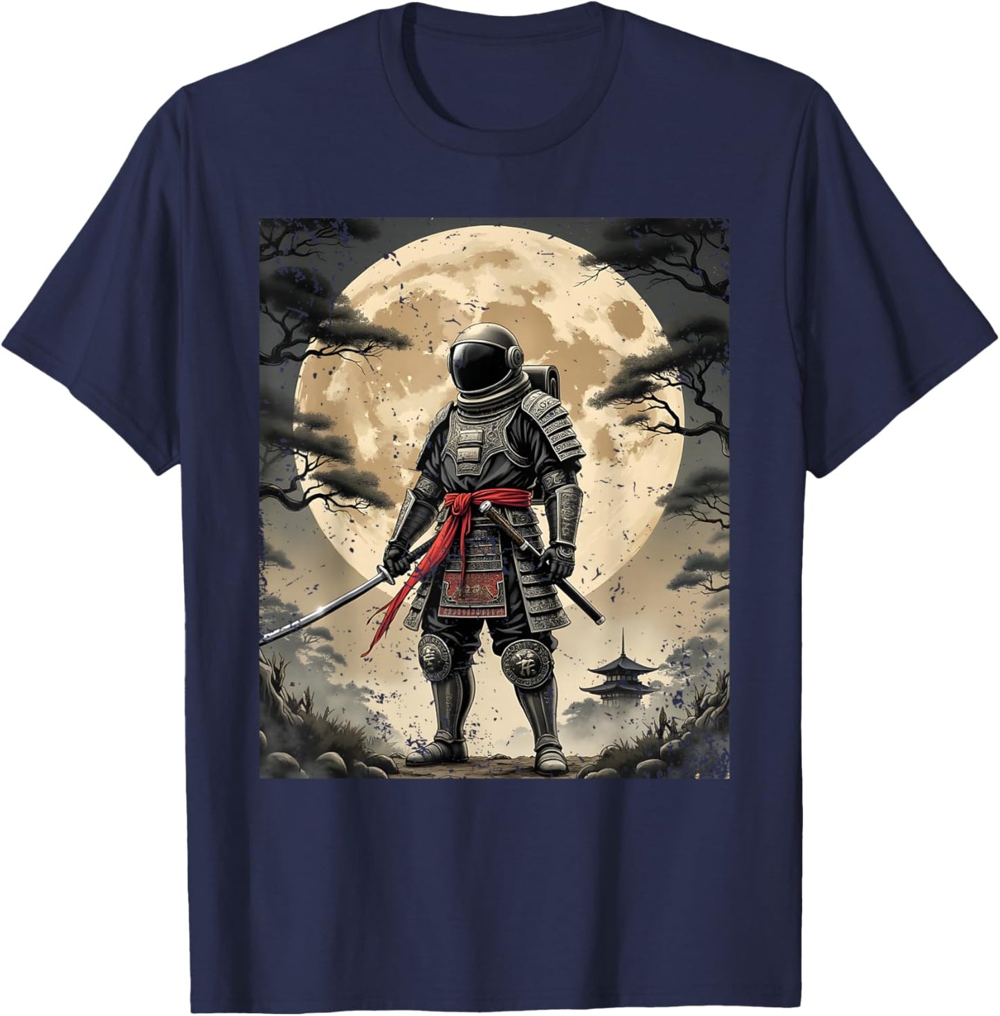 Samurai Astronaut Japanese Moon Vintage Graphic Ukiyo-e Art T-Shirt - T-Shirt | Navy