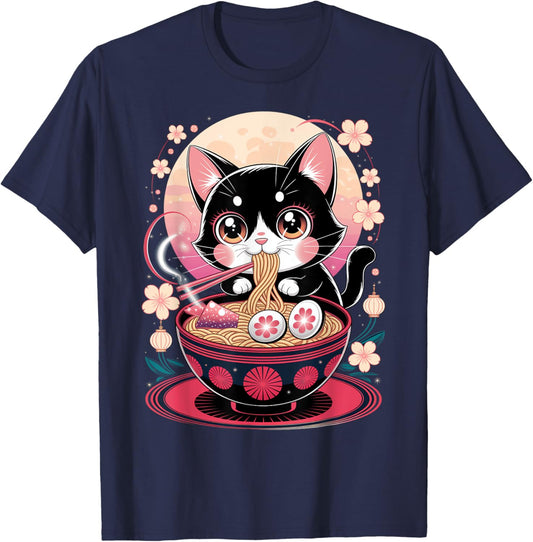 Noodles eating Japanese cats eating ramen kawaii , Black, S T-Shirt - T-Shirt | Navy