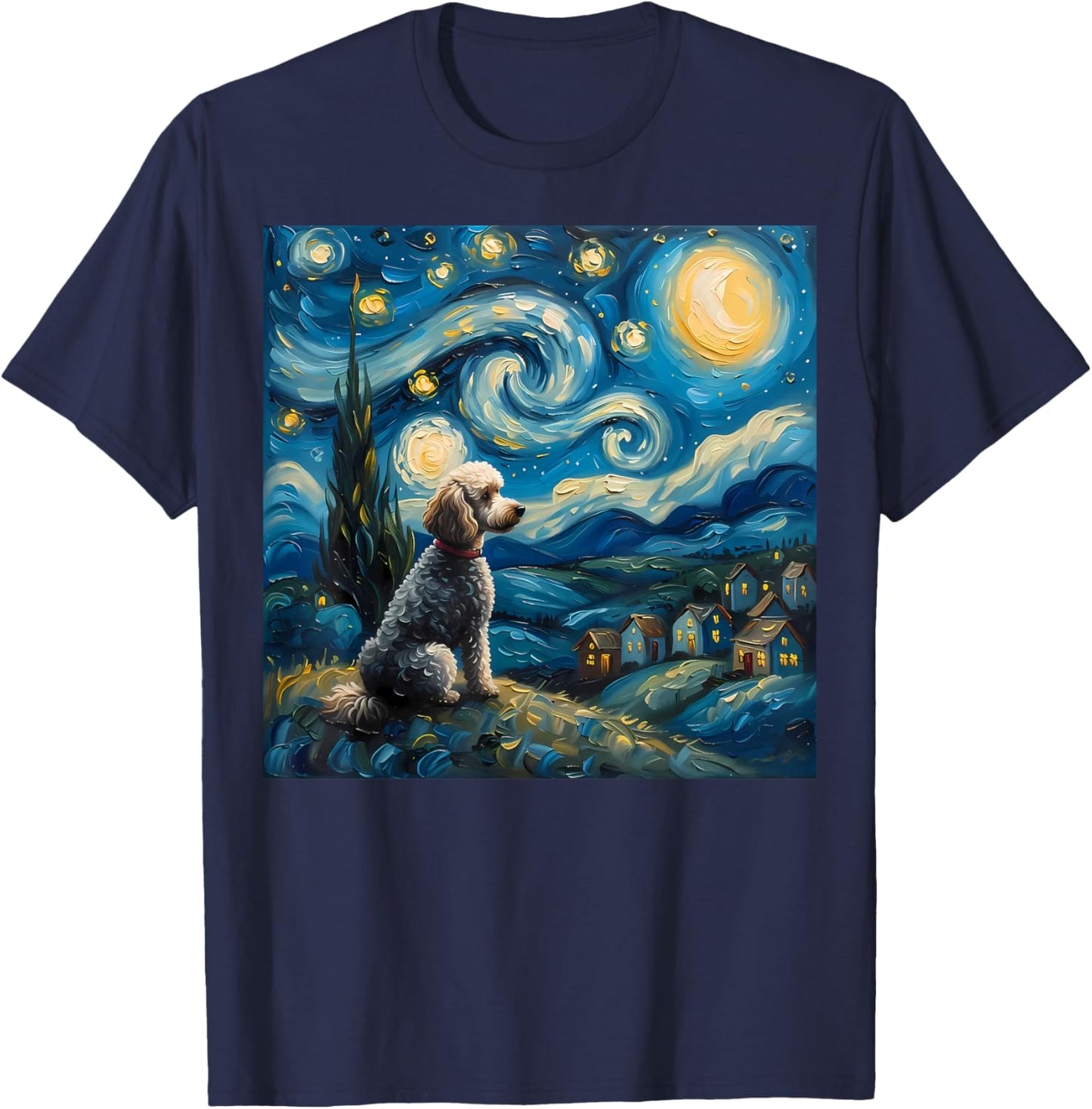 Poodle Dog Lovers The Starry Night Van Gogh Style Painting T-Shirt - T-Shirt | Navy
