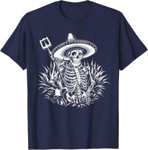 Mexico Vintage Skeleton Tequila Dia De Los Muertos Mexican T-Shirt - T-Shirt | Navy