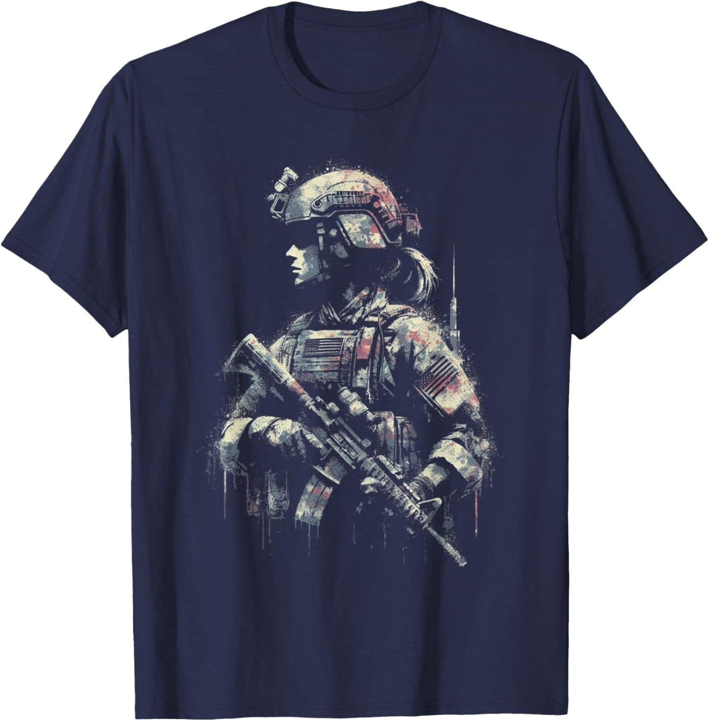 Female Soldier American Flag - Patriotic USA Veteran T-Shirt - T-Shirt | Navy