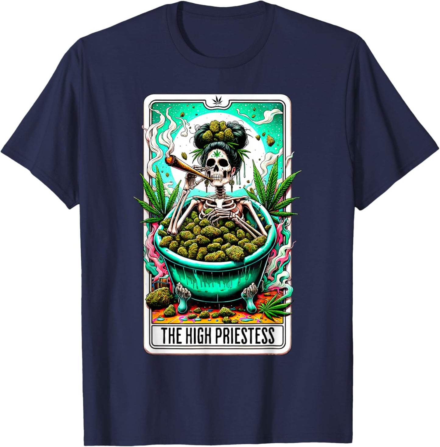 High Priestess Tarot Card 420 Cannabis Witchy Skeleton Weed T-Shirt - T-Shirt | Navy