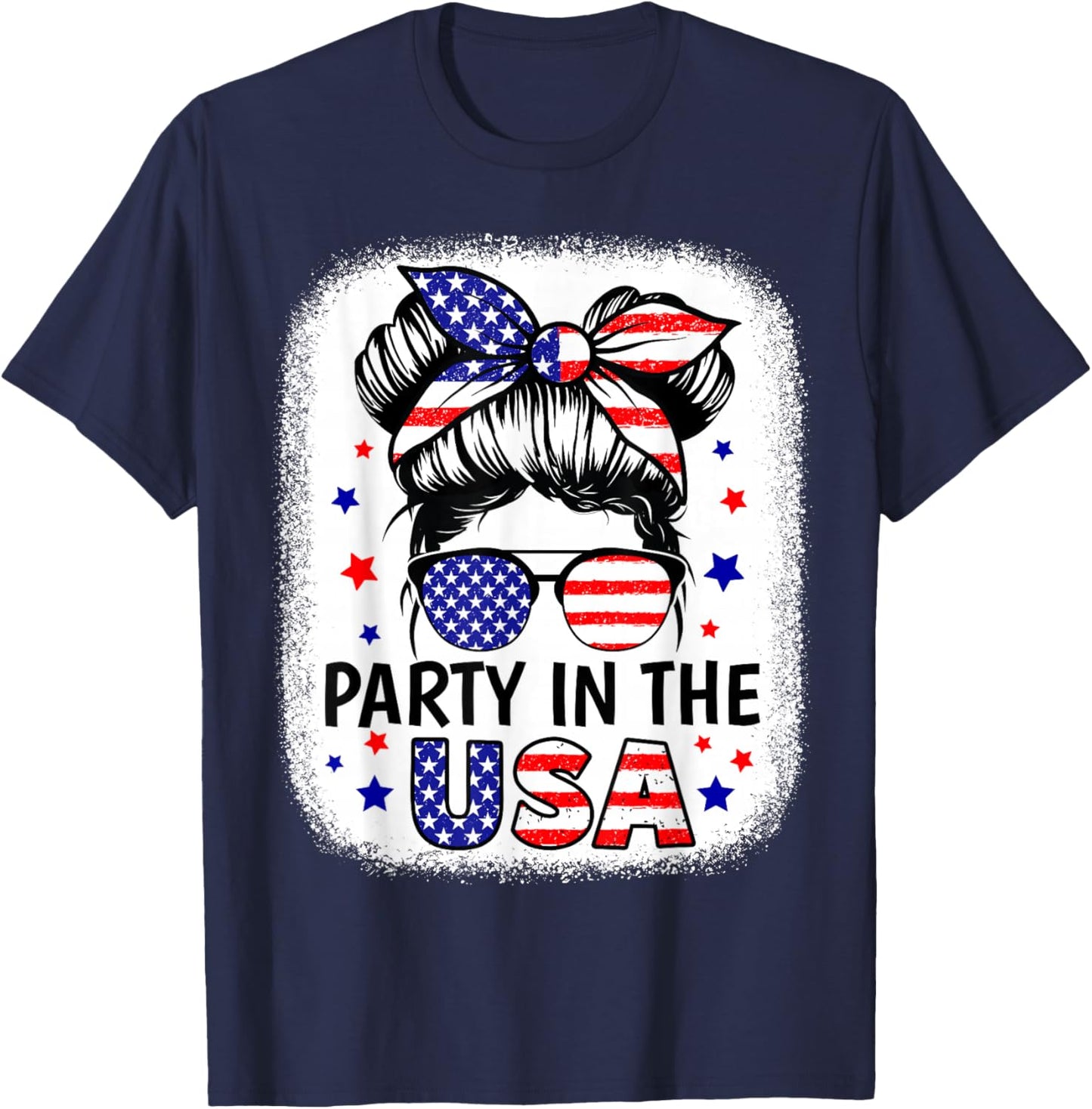 Party In USA Girls 4th of July Shirt Daughter Messy Bun USA T-Shirt - T-Shirt | Navy