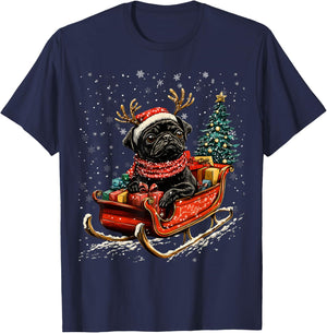 Santa Black Pug reindeer Light Christmas T-Shirt - T-Shirt | Navy