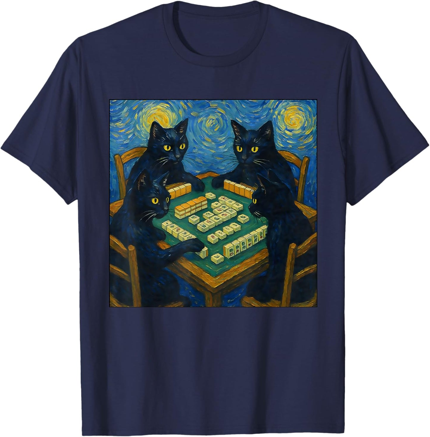 Mahjong cat Lover Van Gogh Starry Night T-Shirt - T-Shirt | Navy