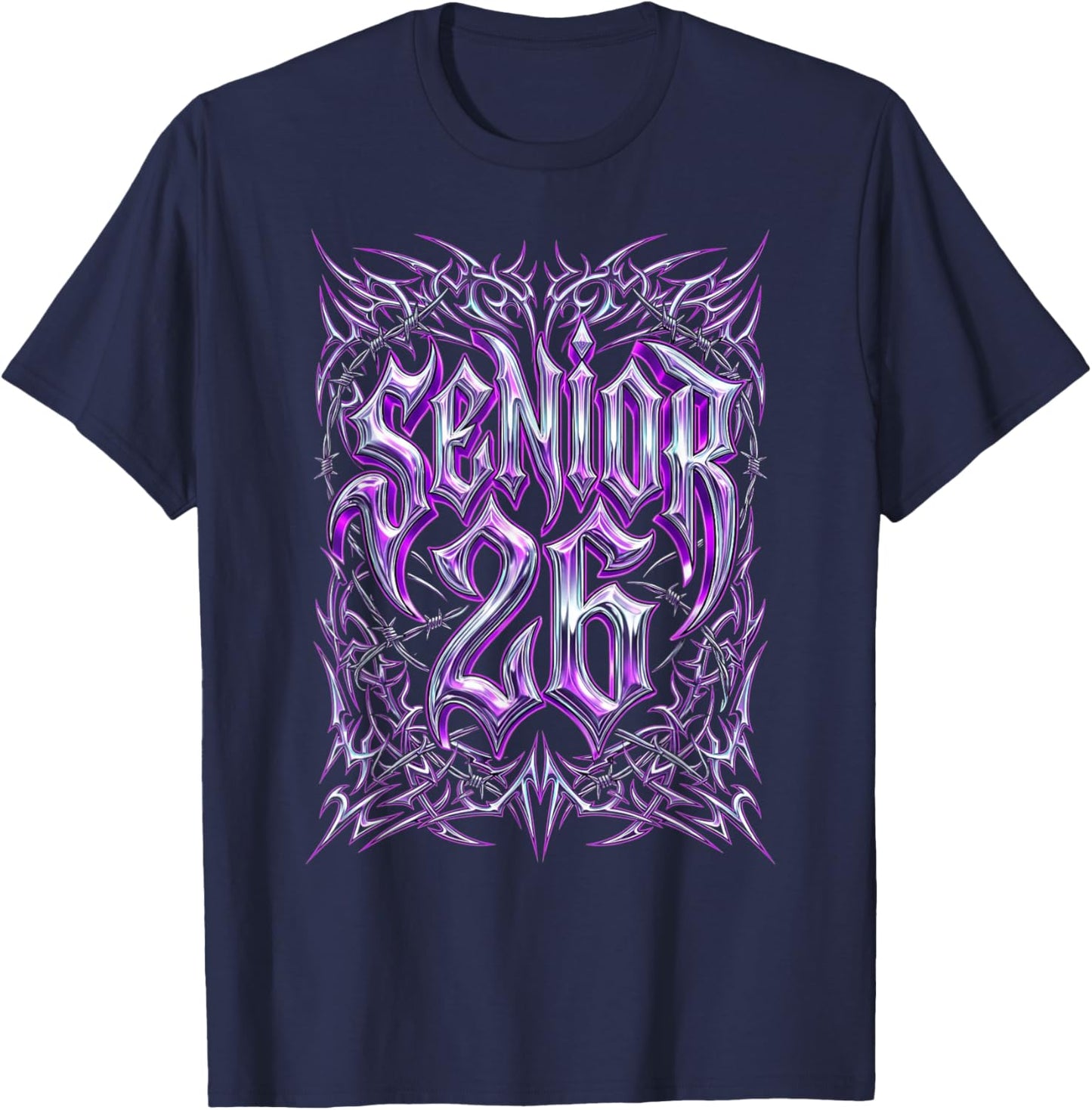 Senior 2026 26 Cyber Goth Heavy Metal Streetwear Graduation T-Shirt - T-Shirt | Navy