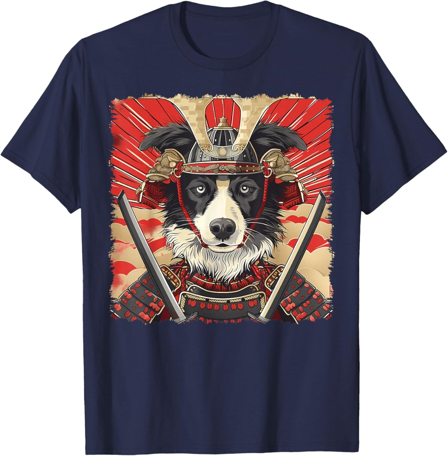 Border Collie Dog Japanese Art Samurai Ukiyo-e Vintage T-Shirt - T-Shirt | Navy