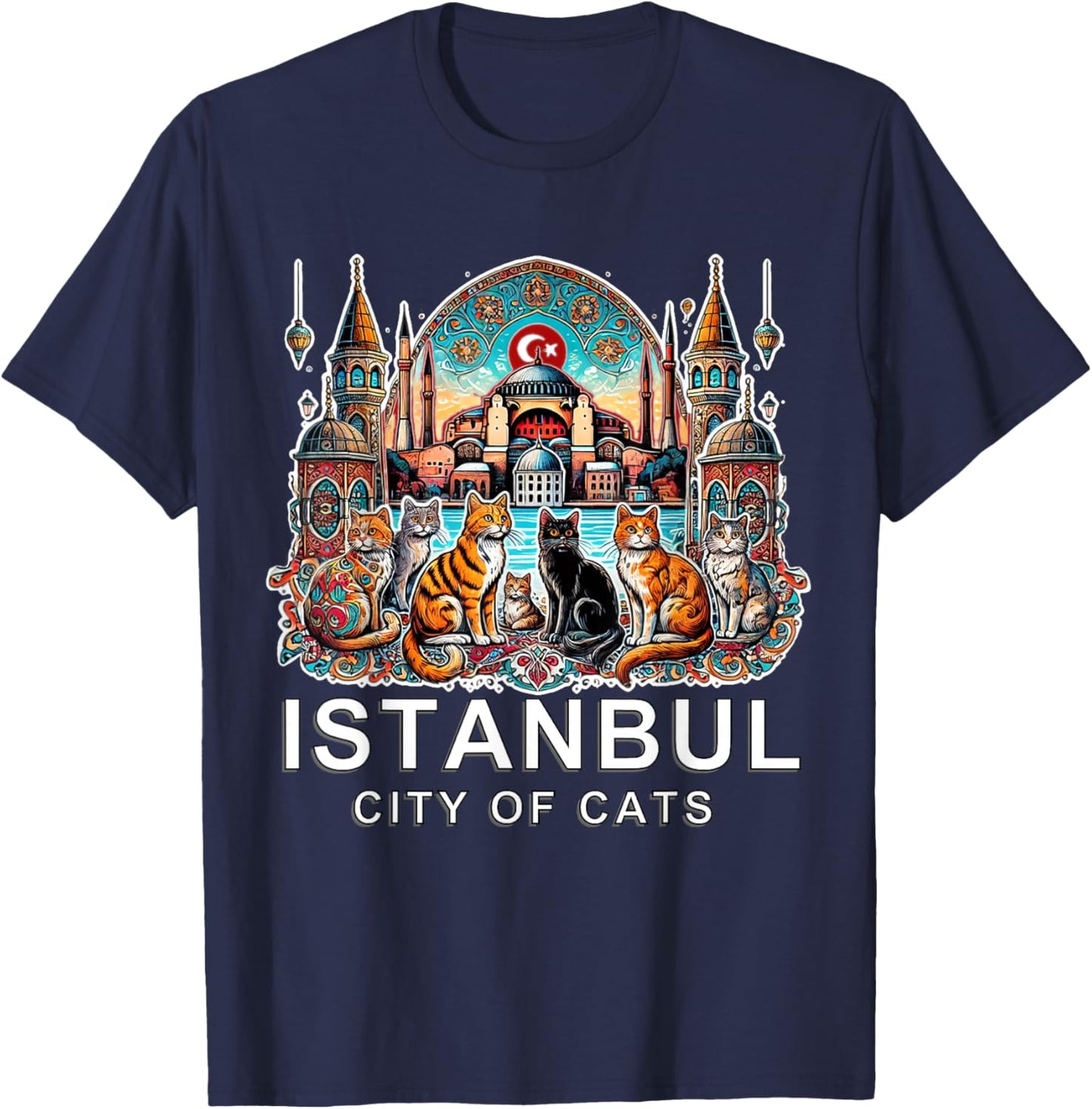 Travel to Istanbul - City of Cats, Turkey, White Font Ed T-Shirt - T-Shirt | Navy