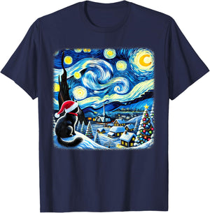 Christmas Van Gogh Starry Night Black Cat Santa Hat Xmas Women Kids T-Shirt - T-Shirt | Navy