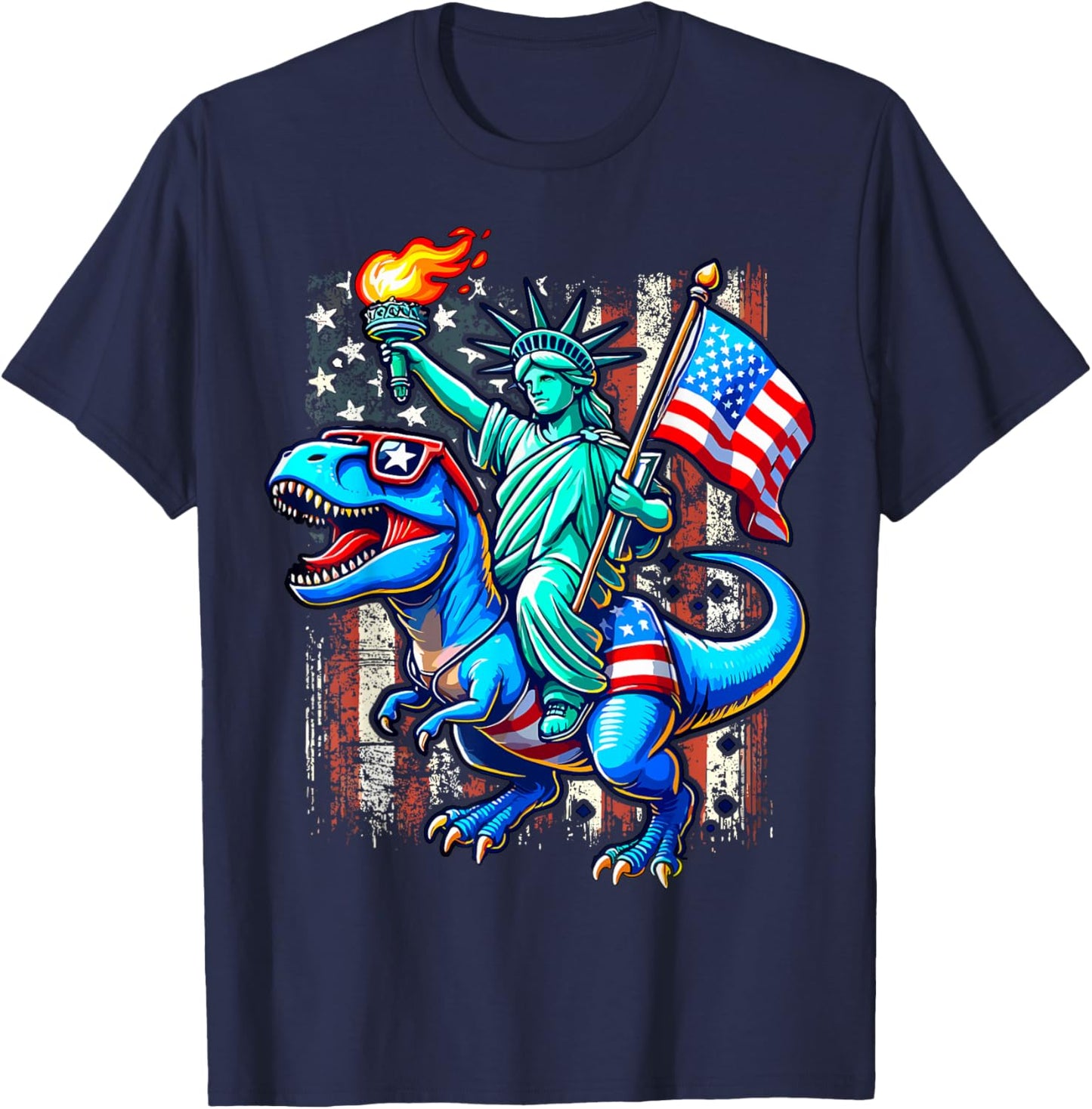 Dino Statue Of Liberty 4th Of July American T-Shirt - T-Shirt | Navy