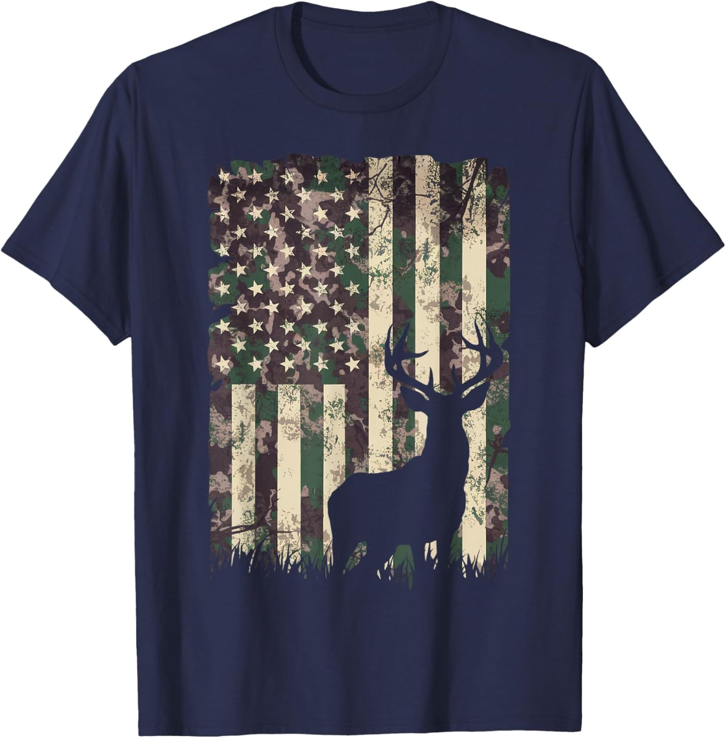 Camo US Flag Deer Camoflage Hunting Gifts Dad Hunter T-Shirt - T-Shirt | Navy