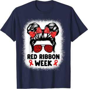 Red Ribbon Week Women Messy Bun Red Ribbon Week Awareness T-Shirt - T-Shirt | Navy